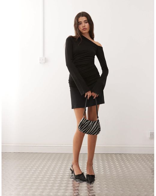 Weekday Natural Long Sleeve Asymmetric Shoulder Mini Dress With Ruched Sides