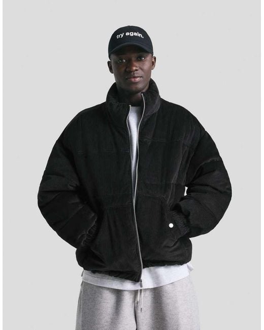 Bershka Black Corduroy Puffer Jacket for men