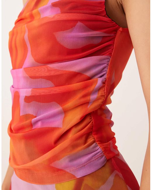 ASOS Orange Mesh Oversized Tropical Floral Slash Neck Co Ord Top