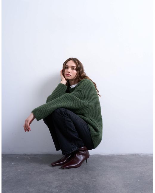 TOPSHOP Green Knitted Oversized Ribbed Balloon Sleeve Jumper