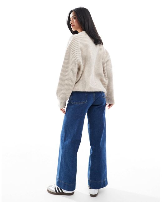 Stradivarius Blue Petite D77 Staight Leg Jean With Button Detail