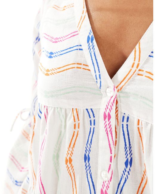 Accessorize White Wavy Print Long Sleeve Beach Cover Up