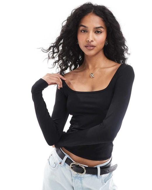 Stradivarius Black Str Square Neck Long Sleeve Top