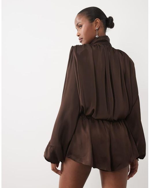 Noughts & Kisses Brown Satin High Neck Extreme Drape Balloon Sleeve Playsuit