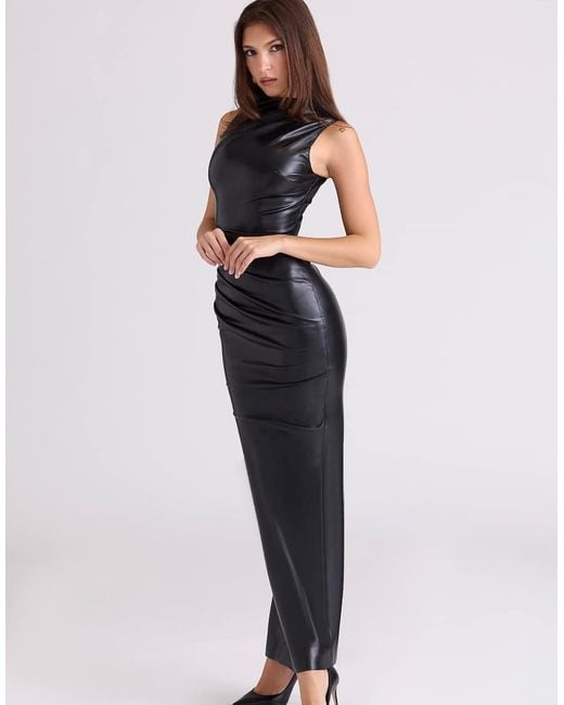 House Of Cb Blue Maya Vegan Leather Draped Maxi Dress