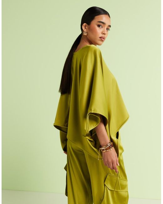 ASOS Green Tailored Satin Ruched Long Sleeve Top