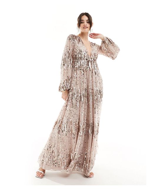ASOS Natural Us Exclusive Embellished Scatter Sequin Plunge Maxi Dress With Balloon Sleeve