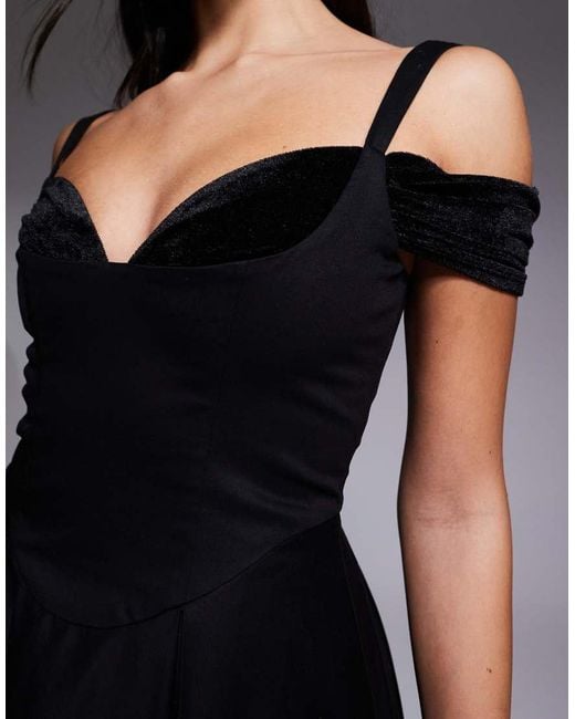 ASOS Black Midi Dress With Full Skirt And Velvet Inserts