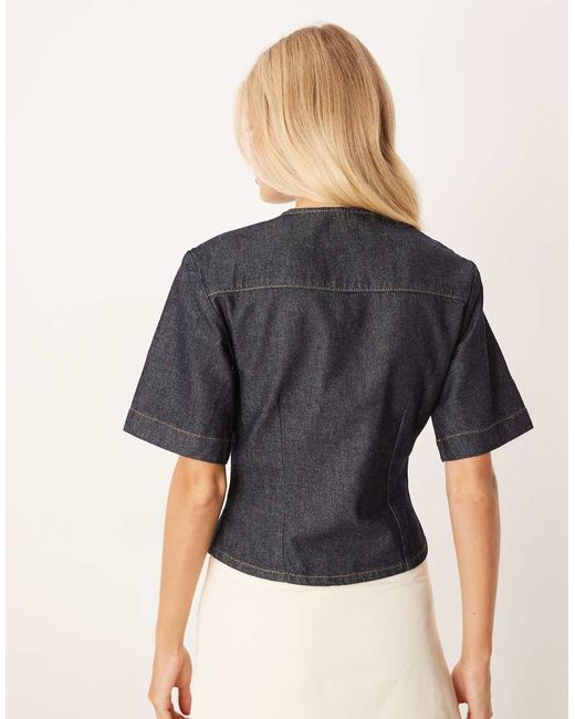 ASOS Blue Denim Collarless Short Sleeve Top