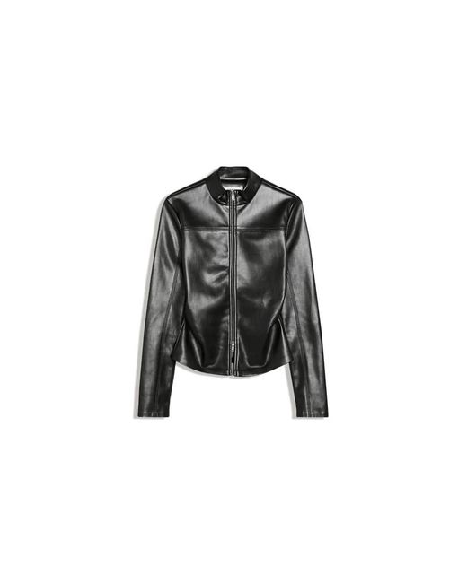 Bershka Black Fitted Leather-effect Zip-up Shirt