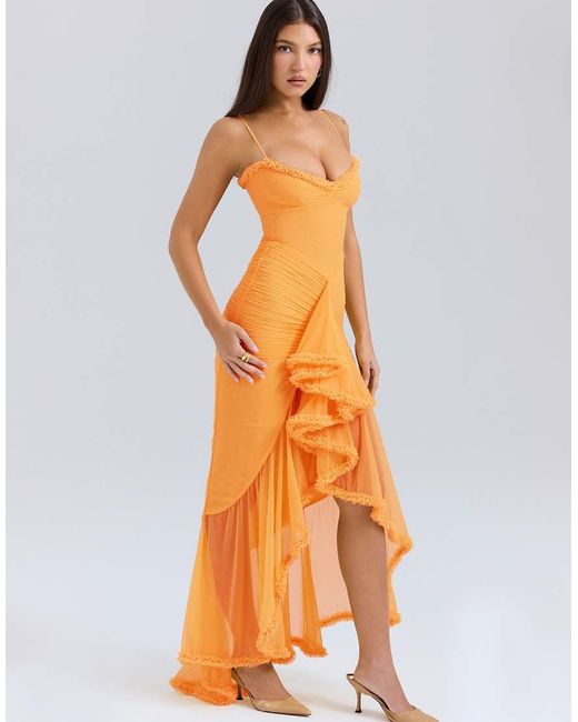 House Of Cb Orange Gabbi Ruffled Front Gown