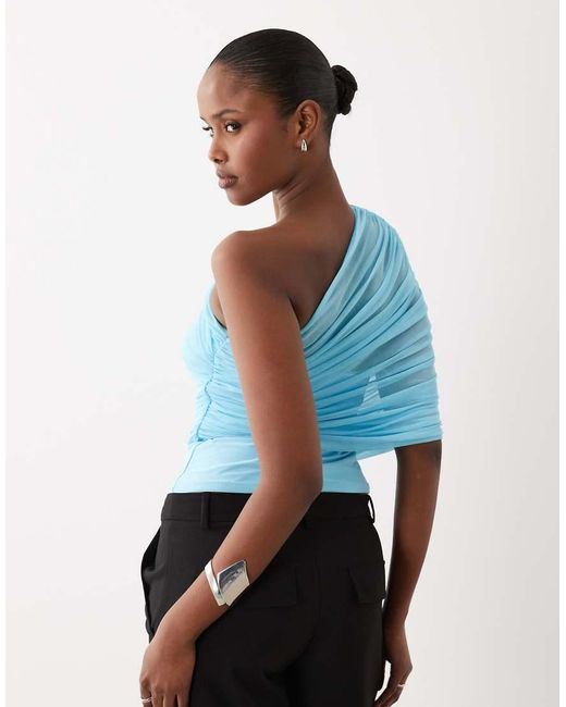 ASOS Blue Mesh One Shoulder Top With Ruching
