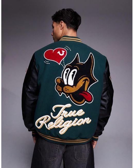 True Religion Blue Patch Embroidered Varsity Jacket for men