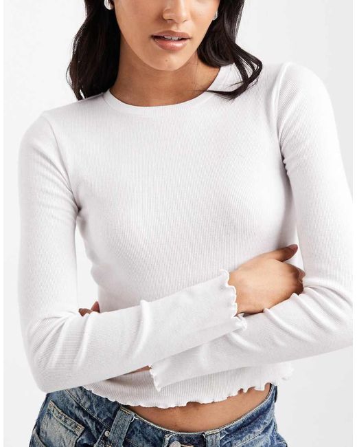 Brave Soul White Cotton Long Sleeve T-shirt With Lettuce Hem