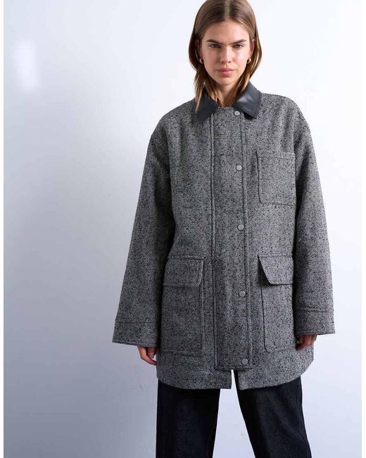 TOPSHOP Gray Heritage Twill Field Jacket With Contrast Faux Leather Collar