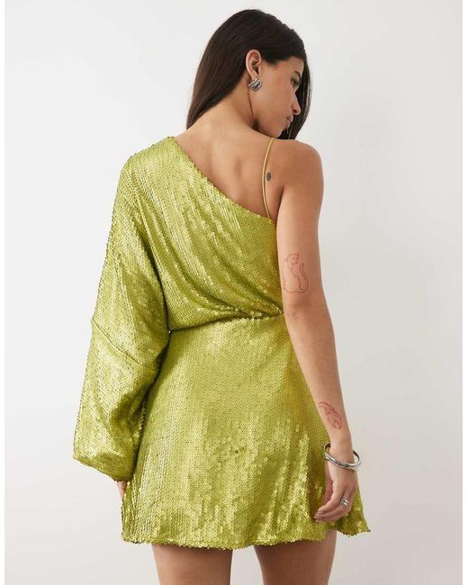 ASOS Green Sequined One Sleeve Draped Mini Dress