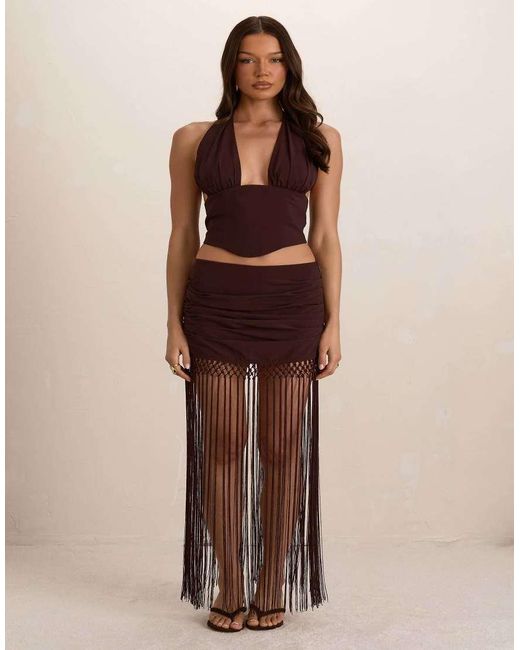 Missy Empire Brown Chiffon Ruched Tassel Maxi Skirt
