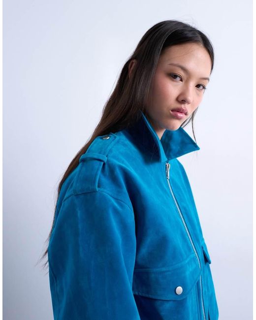 TOPSHOP Blue Faux Suede Quilted Lined Bomber Jacket With Popper Details