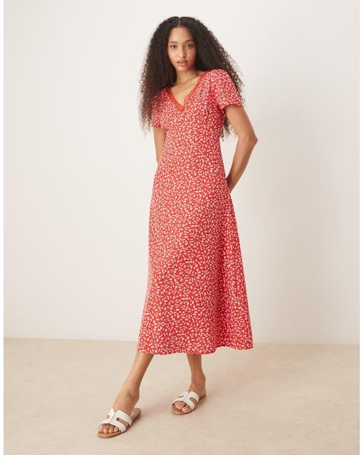 Glamorous Pink V Neck Lace Trim Midi Tea Dress