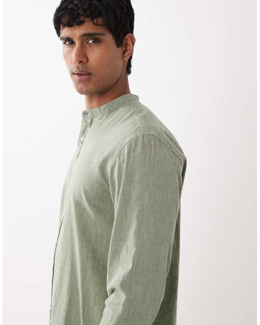 Jack & Jones Green Linen Mix Granded Collar Shirt for men
