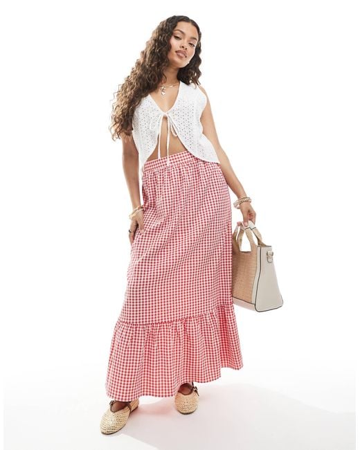 Vero Moda Pink – gestufter maxirock mit vichy-karomuster