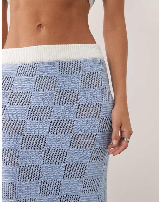 4th & Reckless Blue Cotton Blend Mixed Check Crochet High Waisted Beach Maxi Skirt Co-Ord