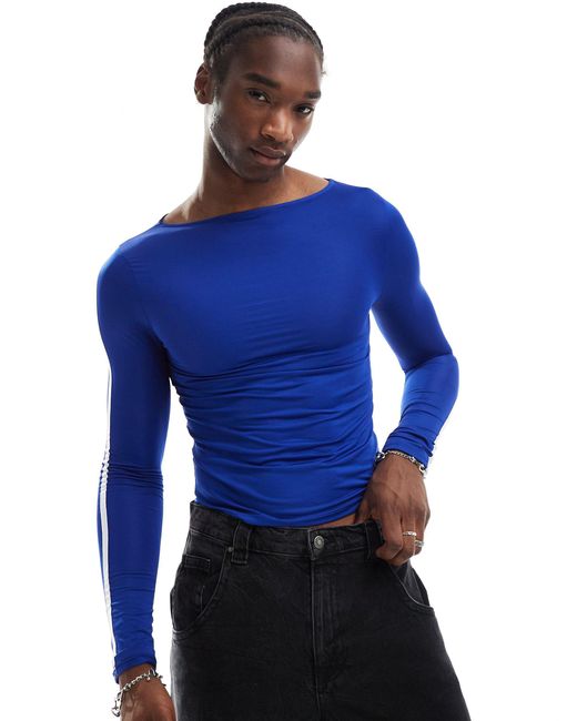 Collusion Blue Slim Fit Slash Neck Top With Contrast Binding for men