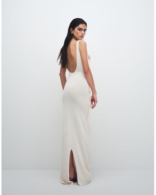 Wanderdoll Natural Lillie Knitted Scoop Neck Corsage Tassel Detail Maxi Dress
