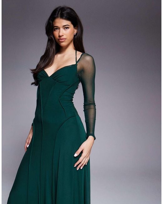 Robe longue en tulle à manches longues et coutures apparentes - forêt ASOS en coloris Blue