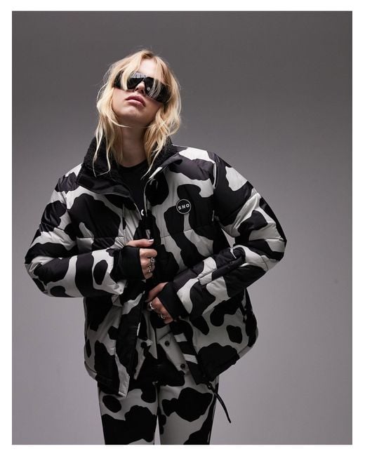 TOPSHOP Gray Sno Cow Print Ski Puffer Jacket