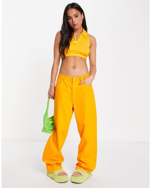 Noisy May Orange Ribbed Cropped Polo Top