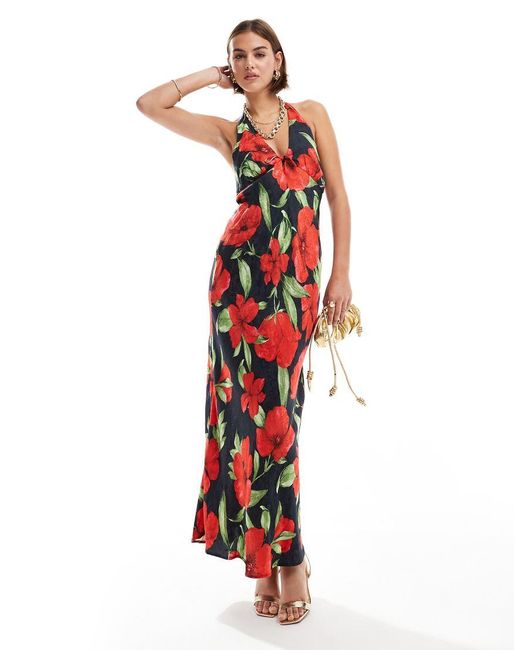 Mango Red Halterneck Flower Midi Dress