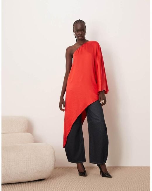 ARRANGE Red Satin Drape Asymmetric One Shoulder Top