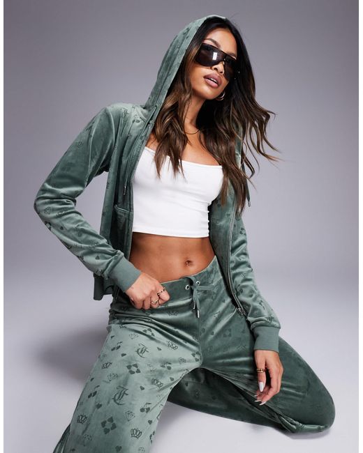Juicy Couture Gray Debossed Monogram Velour Zip Through Hoodie Co-ord