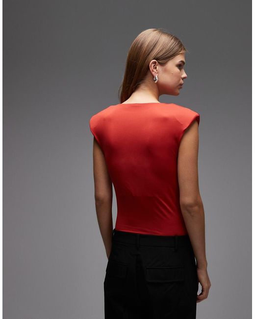 ASOS Red Slinky Sleeveless Shoulder Pad Bodysuit
