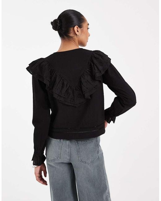 Neon Rose Black Co-Ord Long Sleeve Ruffle Collared Button Up Blouse