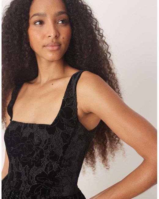 Six Stories Black Cutwork Lace Velvet Square Neck Fit And Flare Mini Dress