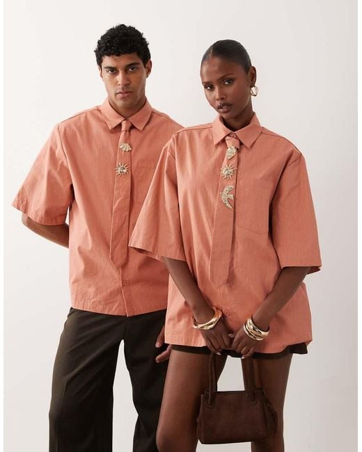 Sister Jane Orange Unisex Ochre Short Sleeve Boxy Shirt With Tie Pins