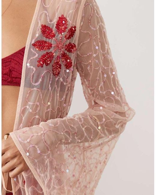 Miss Selfridge Pink Premium Cinched Waist Beaded Mini Beach Cover Up