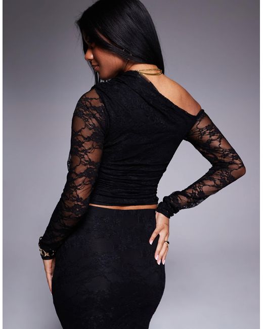 Kaiia Blue Off Shoulder Long Sleeve Lace Top