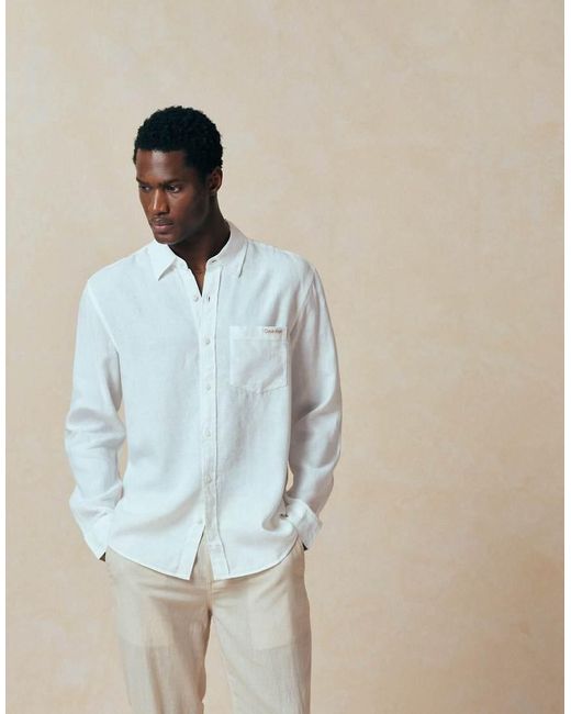 Calvin Klein Blue Casual Long Sleeve Linen Shirt for men