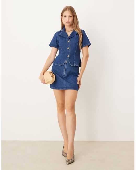 ASOS Denim Overhemd Met V-Hals En Korte Mouwen in het Blue