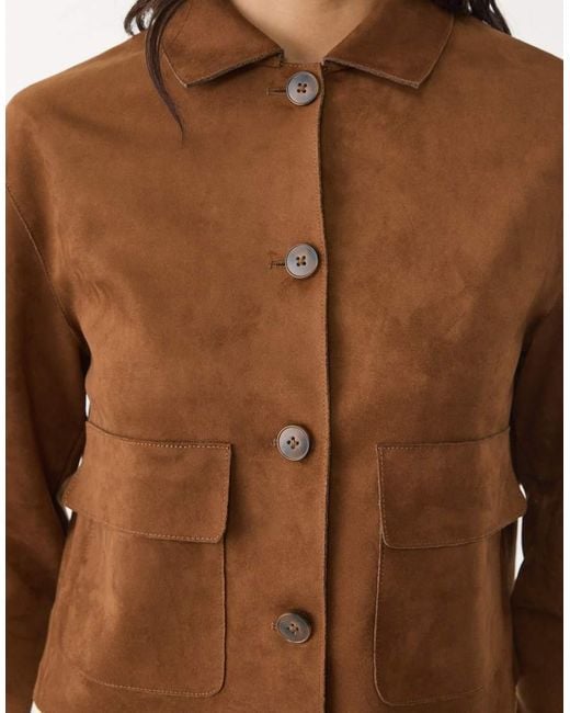 Stradivarius Brown Faux Suede Jacket With Pockets