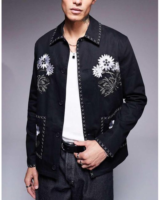 ASOS Black Embroidered Worker Jacket for men