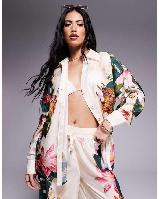 River Island White Botanical Print Beach Shirt Co-Ord