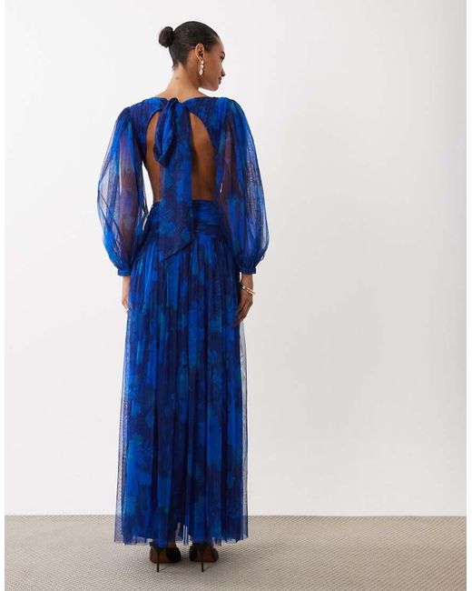 LACE & BEADS Blue Tulle Plunge Drop Hem Open Back Maxi Dress