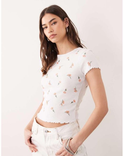 Miss Selfridge White Embroidered Short Sleeve Ribbed Lettuce Edge T-Shirt