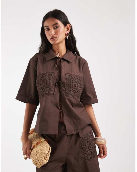 Object Brown Poplin Crochet Patch Tie Front Shirt Co-ord
