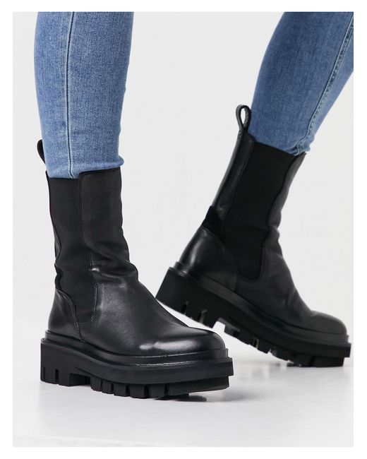 AllSaints Black Billie Tall Chunky Leather Chelsea Boots