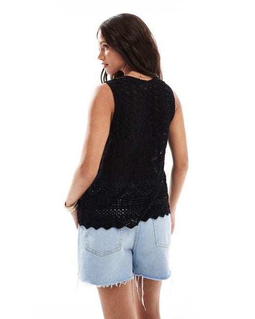 Brave Soul Black Open Knit Crochet Waistcoat With Pocket Detail